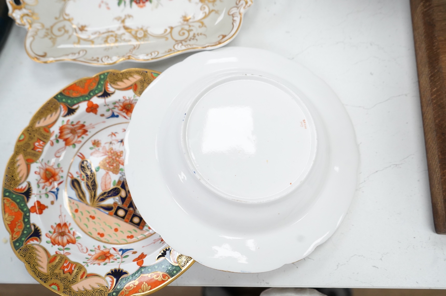 A pair of Spode 967 pattern Imari dishes and pair of Ridgway floral dessert dishes, largest 27cm wide